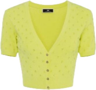 Elisabetta Franchi Truien & Vesten, Dames, Geel, S, Gele Cropped Sweater met Strass Lettering
