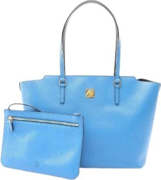 MCM Pre-owned Tote Bags, female, Blue, Size: ONE SIZE Pre-owned Leather Tote Bag