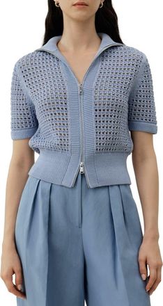 LilySilk Toscana Pointelle Knit Double-Zip Cardigan in Chambray Blue at Nordstrom, Size X-Large