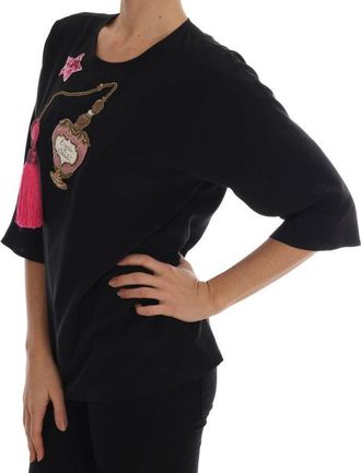 Dolce & Gabbana Womens Black Silk Fairy Tale Top Crystal Blouse
