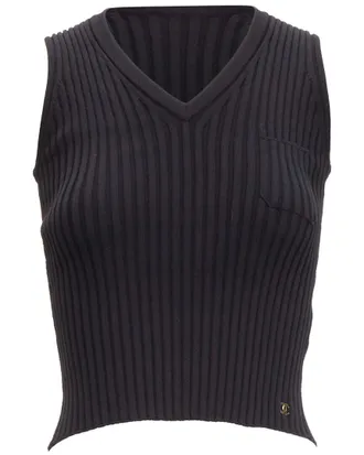 Chanel Cc Logo Ribbed V-Neck Cropped Vest Top, Size Fr 38 (Authentic Pre- Loved)