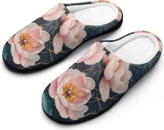Generic Peony Flower Marble Mens Slippers Memory Foam Winter Warm Sandals Slip On House Shoes Size 7-14