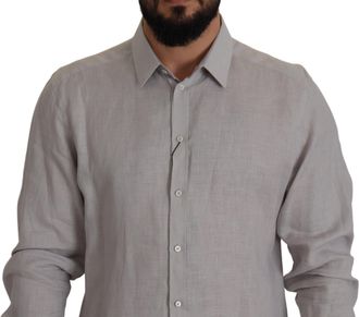 Dolce & Gabbana Mens Gray Linen Long Sleeves Formal Gold Shirt
