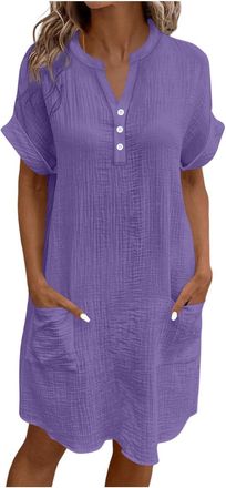 Generic Linen Dresses for Women UK Cap Sleeve Boho Dress Summer Midi Dress with Pockets Button V Neck Beach Shirt Dresses Milkmaid Kaftan Cotton Petite Ladies