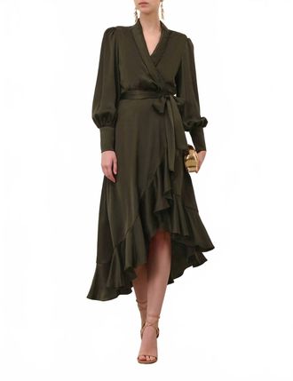 Zimmermann Silk Wrap Midi Dress In Dark Green