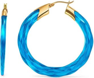 Gold & Honey Swirl Twist Lucite Birthstone Hoop Earrings In December - Blue Topaz