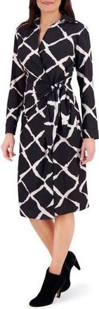 London Times Long Sleeve Faux Wrap Midi Dress in Black/Tan at Nordstrom Rack, Size 16