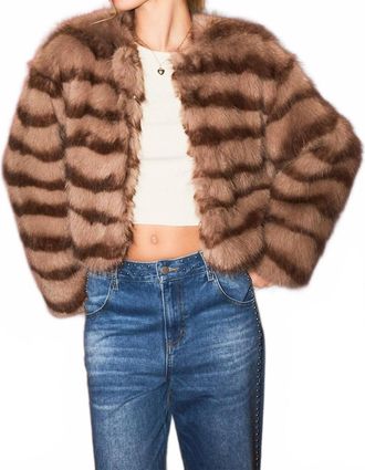 Le Lis Blanc Deux Evie Faux Fur Crop Coat In Mocha-Brown Stripe