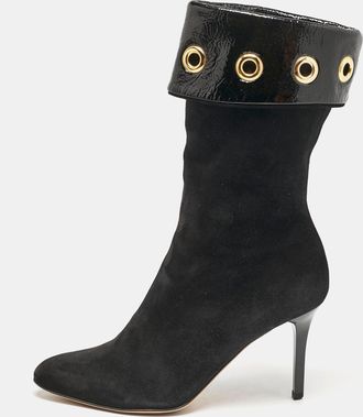 Jimmy Choo London Black Patent Leather And Suede Eyelet Mid Calf Boots