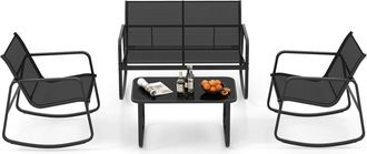 Costway Muebles Jardin Exterior 4 Piezas, 2 Mecedoras Y Sof&aacute; De 2 Plazas Con Mesa Con Tapa De Cristal, Mesa Y Sillas Terraza, Conjunto Jardin Exterior Balcon 