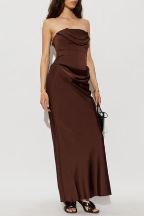 Rotate Satin Off-shoulder Dress, Womens, Brown