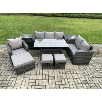 Fimous 9 Piece Garden Rattan Furniture Dining Table Sofa Set Indoor Outdoor with Reclining Chairs 2 Side Tables 3 Footstools Dark Grey Mixed - Fimous