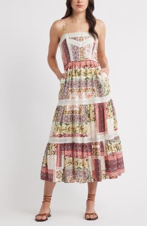 Chelsea28 Lace Inset Patchwork Midi Dress in Burgundy Print Mix at Nordstrom, Size Xx-Large