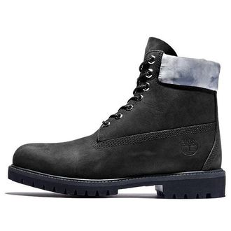 Timberland Premium 6 Inch Waterproof Boots Black Nubuck with Grey Camo Collar A2NCJ001