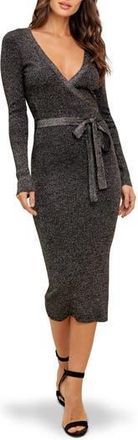 Flying Tomato Long Sleeve Metallic Rib Midi Dress in Black Metallic at Nordstrom Rack, Size Medium