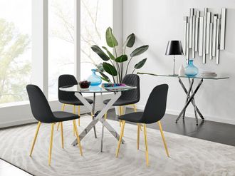 Furniturebox Novara Chrome Metal 100cm Round Glass Dining Table & 4 Corona Gold Dining Chairs in Black