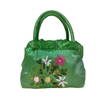 Generic Ethnic Style Tote Bag, Small Purse Wallet, Embroidery Flower Satin Silk Handbag, Zipper Flower Wrist Bag for Women Phone Cosmetic(light green)