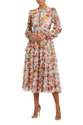 Mac Duggal Long Sleeve Tiered Ruffle Cutout Criss Cross Dress in White Multi at Nordstrom, Size 12