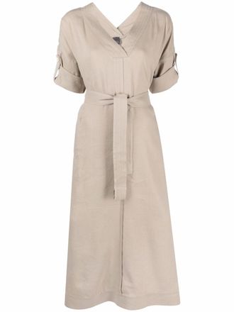 Lorena Antoniazzi belted midi dress - women - Viscose/Linen/Flax/Spandex/Elastane - 46 - Neutrals