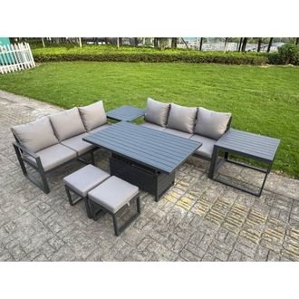 Fimous Aluminum 7-Piece Sofa Set with Lifting Table, 2 Side Tables, Cushions in Dark Grey