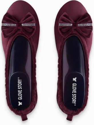 Glove Story Womens Velvet Ballerina Slippers with Rhinestone Embellished Bow - Elegant, Soft and Comfortable Fabric - Stylish House Ballet Flats for Women - Handm
