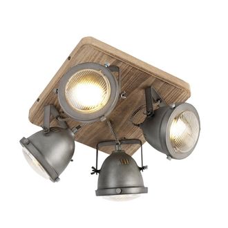 QAZQA Industrial Foco Industrial De Acero Con Madera Inclinable 4 Luces - Emado /acero Cuadrada Adecuado Para Led Max. 4 X 25 Watt - Qazqa