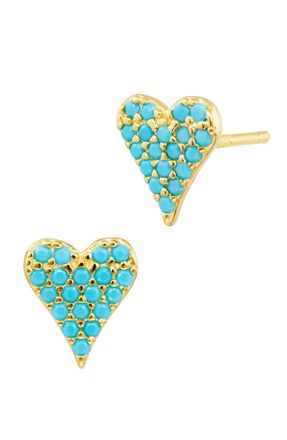 Savvy Cie Jewels GOLD PLATED OVER STERLING SILVER.925 TURQUOISE PAVE HEART STUD EARRINGS