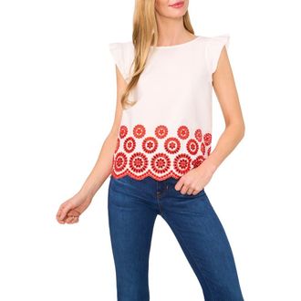 CeCe by Cynthia Steffe Embroidered Eyelet Ruffle Shoulder Cotton Top in Fiery Red at Nordstrom, Size Medium