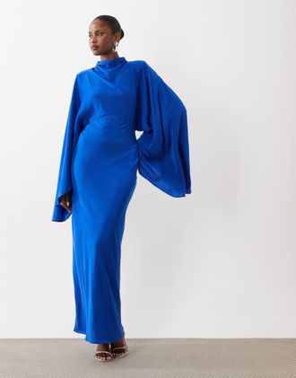Asos Vestito lungo in raso blu cobalto con scollo a imbuto e maniche oversize-Verde