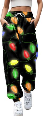 Generic Christmas Joggers for Women UK Funny Graphic Print Holiday Sweatpants High Waist Baggy Trousers Oversized Xmas Drawstring Jogging Pants Ladies Gym Wal