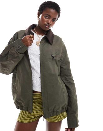 Collusion waxed jacket with cord collar in khaki-Green