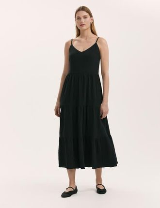 Finery Emmie Cotton Strappy Midi Tiered Dress in Black at Nordstrom, Size 16
