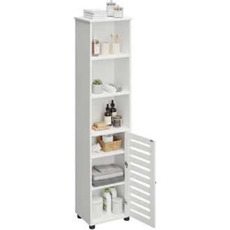 Relaxdays Armadio da bagno Relaxdays con ante, HLP: 167x30x40 cm, 6 scomparti, armadio per il bagno, alto e stretto, bianco