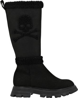 Philipp Plein Mid Flat Boots Skull Bones - Dames - Winterlaarzen - Zwart - 38 EU - Polyester - Schoenen