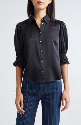 Cinq à Sept Fiona Ruffle Cuff Silk Button-Up Shirt in Black at Nordstrom, Size Xx-Small