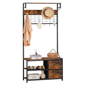 Relaxdays Relaxdays Perchero Con Banco, Repisa Zapatero Y 2 Cajones, Metal Efecto Madera, 176&times;80&times;30 Cm, Marr&oacute;n
