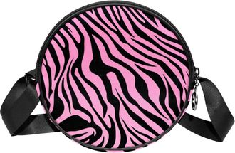 Generic Circle Crossbody Bag for Women, Pink Zebra Stripes Small Sling Bag Daypack with Zipper Adjustable Shoulder Straps Casual Ladies Girls Round Purse