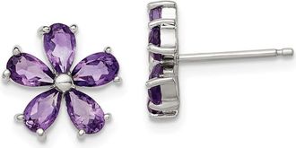 Diamond2Deal Sterling Silver Rhodium Plated Amethyst Floral Stud Earrings