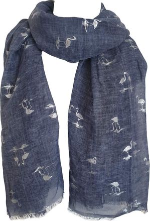 GlamLondon Womens Flamingo Print Scarf Silver Foil Birds Wrap (Blue Navy)