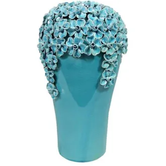 OEM Jarr&oacute;n Azul Con Flores De Cer&aacute;mica Y Grietas Intencionadas, 33 Cm