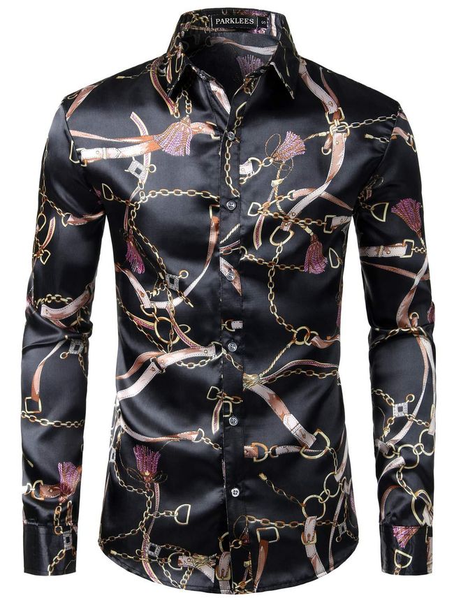 PARKLEES Mens Luxury Gold Prom Design Slim Fit Long Sleeve Button up Party Dress  Shirts Black Gold XXL from 25.95 - on Stylight
