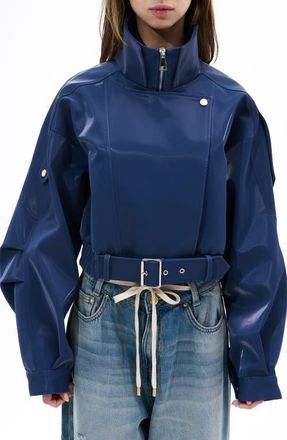 Azalea Wang Liquid Luxe Shiny Bomber Jacket in Blue at Nordstrom, Size X-Large