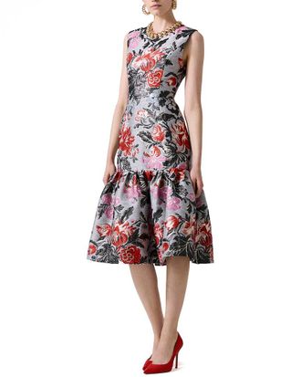 Carolina Herrera Crewneck Linen-Blend Midi Dress