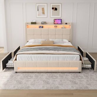 Merax 4ft6 Double Upholstered Bed with 4 Drawers, LED, Charging Station in Beige