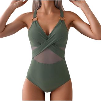 Generic Swimming Costume Women Sexy Mesh One Piece Swimsuit V Neck Tummy Control Swimwears Vintage Padded Push up Monokini Swimwear Slimming Ruched Ccross Bla