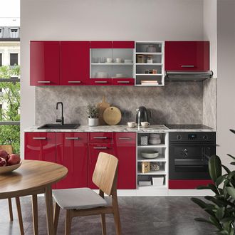 Vicco Mueble De Cocina R-line, Burdeos Brillo Intenso/blanco, 240 Cm Sin Encimera