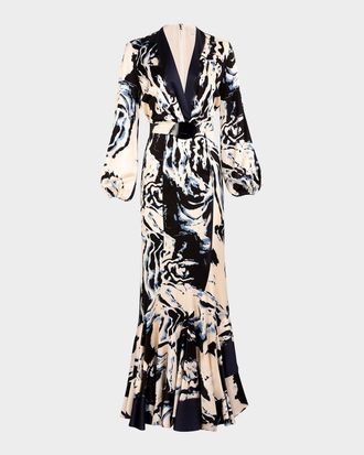 Silvia Tcherassi Remy Plunging Long-Sleeve Belted Satin Maxi Dress