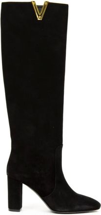 Via Roma 15 Schoenen, Dames, Zwart, 39 1/2 EU, Su&egrave;de, Zwarte su&egrave;de leren laars - Gladde gouden V - 7cm hak