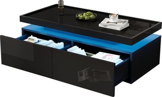 STILVORA Mesa De Centro Con 2 Cajones Y Led Controlado Por App, Tablero Brillante Tipo Bandeja, Estilo Moderno, En Aglomerado, Negro, 95&times;45&times;35 Cm