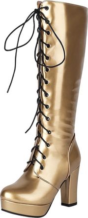 Generic Womens Knee High Boots, Lace Up Biker Boot High Heel Long Boots Paint Leather Chunky Heel Boot Ladies Platform Sole Shoes with Side Zipper Waterproof 